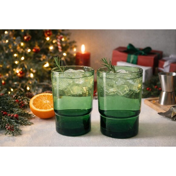 Threshold Green Glass Tumblers Set of 2 Modern Cocktail Water Glasses - Picture 2 of 5